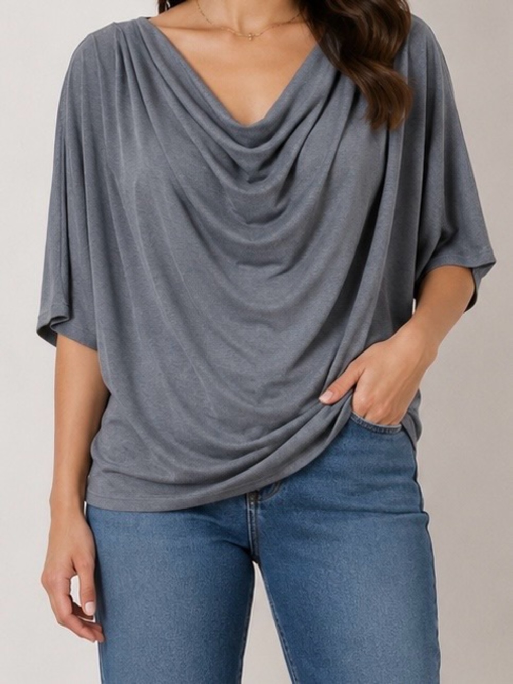 Green Envelope Draped Cowl Neck Sweater Top - Gray